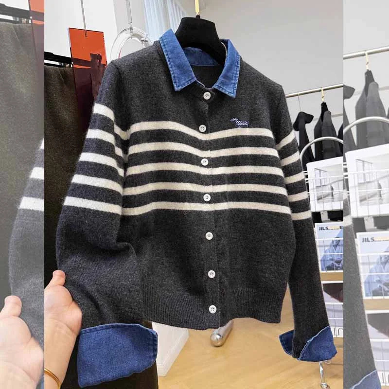 

Korean Style Denim Patchwork Striped Collar Knitted Open Cardigan Fake Two-Piece Layering Long Sleeve Women's Sweater