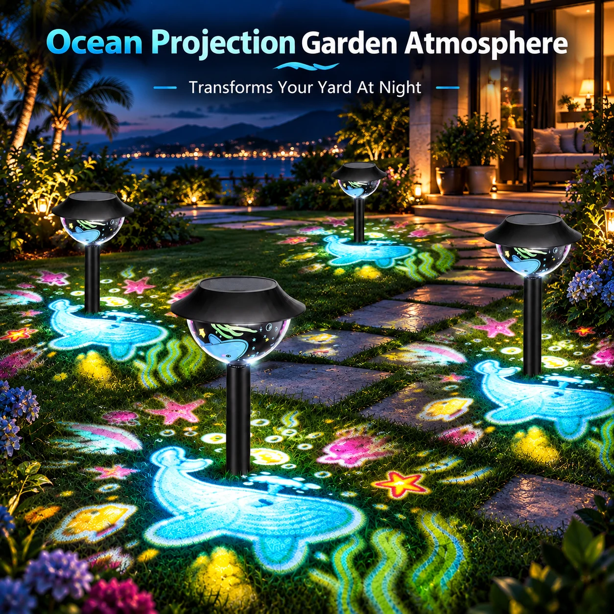 Solar Garden Lights Outdoor with Ocean Whale Projection, Waterproof Solar Pathway Stake Lights for Lawn Yard Patio Walkway Decor