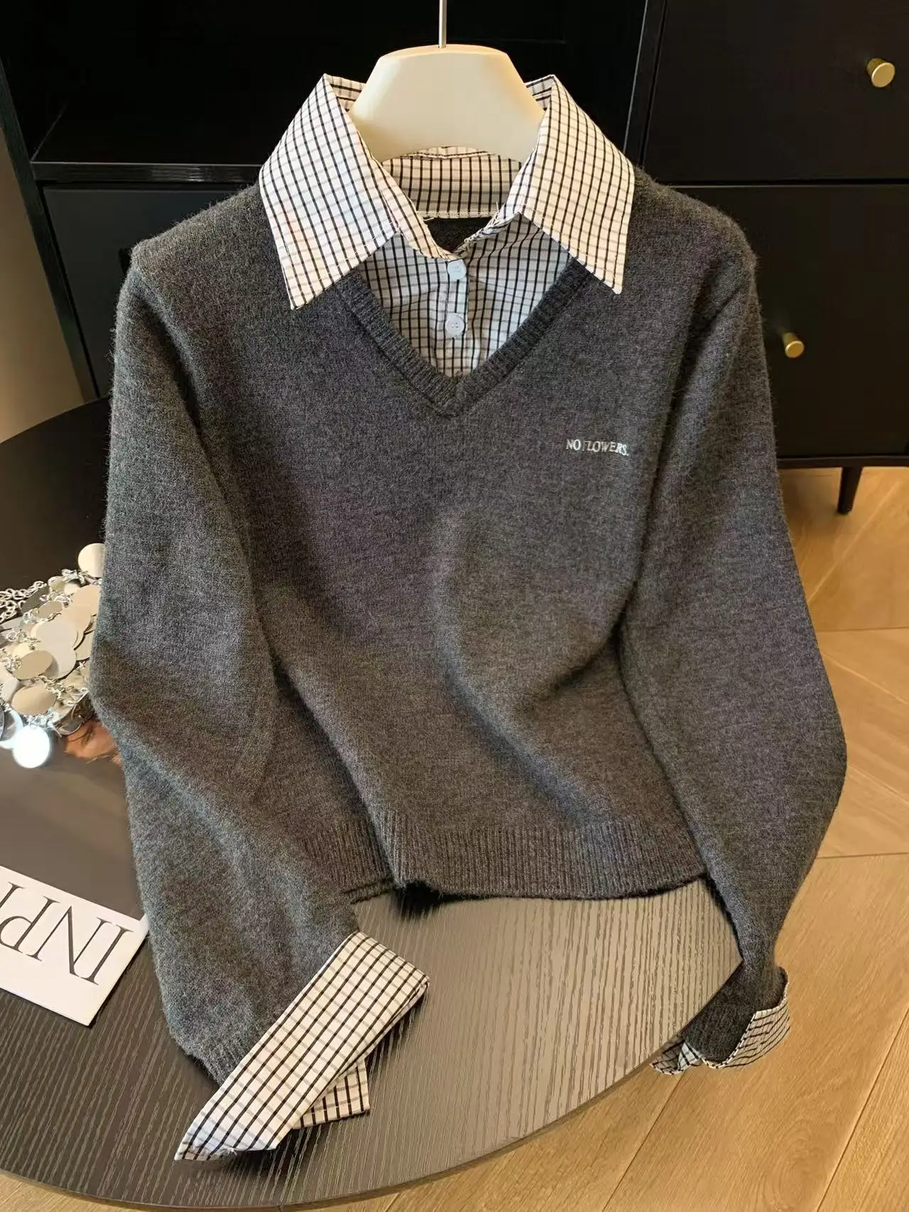 

Женский серый свитер с длинными рукавами и воротником Y2K High Street Harajuku Aesthetics Academy, топ в стиле ретро, свитер, зимняя одежда