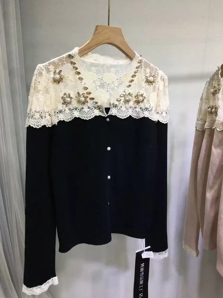 

Роскошный стиль, весна-осень, блестящая бриллиантовая строчка, вязаный облегающий кардиган, женский свитер для тяжелой промышленности, верхняя одежда, трикотаж, топ