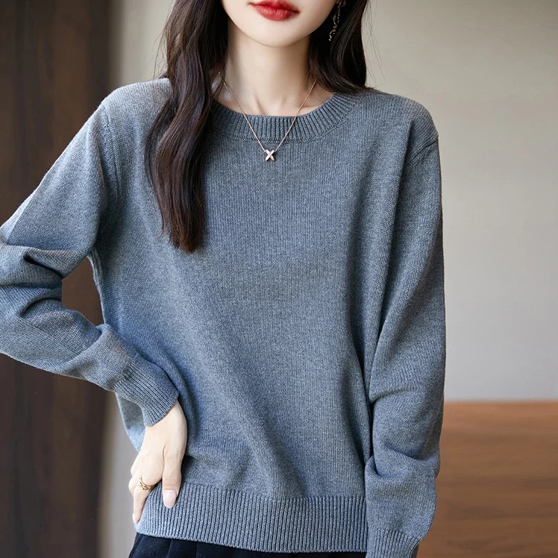 LDZWSM Women\'s High-quality Cotton Knitted Sweater Temperament Round Neck Top Breathable And Versatile Pullover Long Sleeved