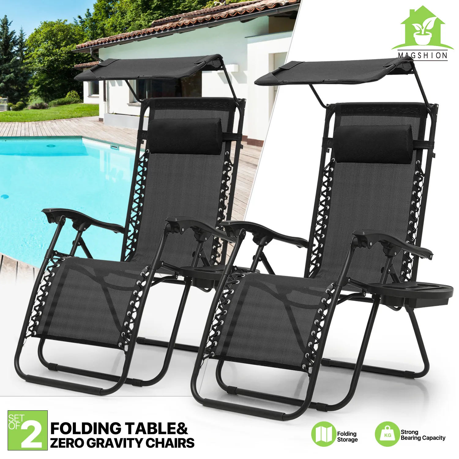

Set of 2 Folding Zero Gravity Chair Canopy Lounge Chaise Beach Sunshade Recliner