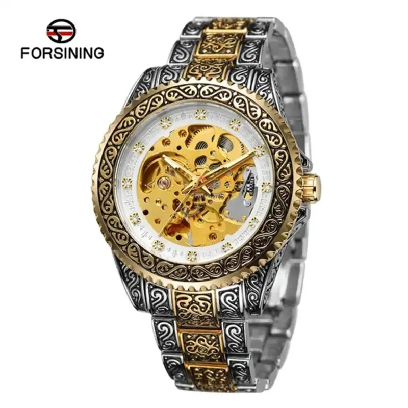 

Forsining 378B Luxury Men's Mechanical Watch Automatic Wristwatch Waterproof Golden Stainless Steel Classic Diamond Clock