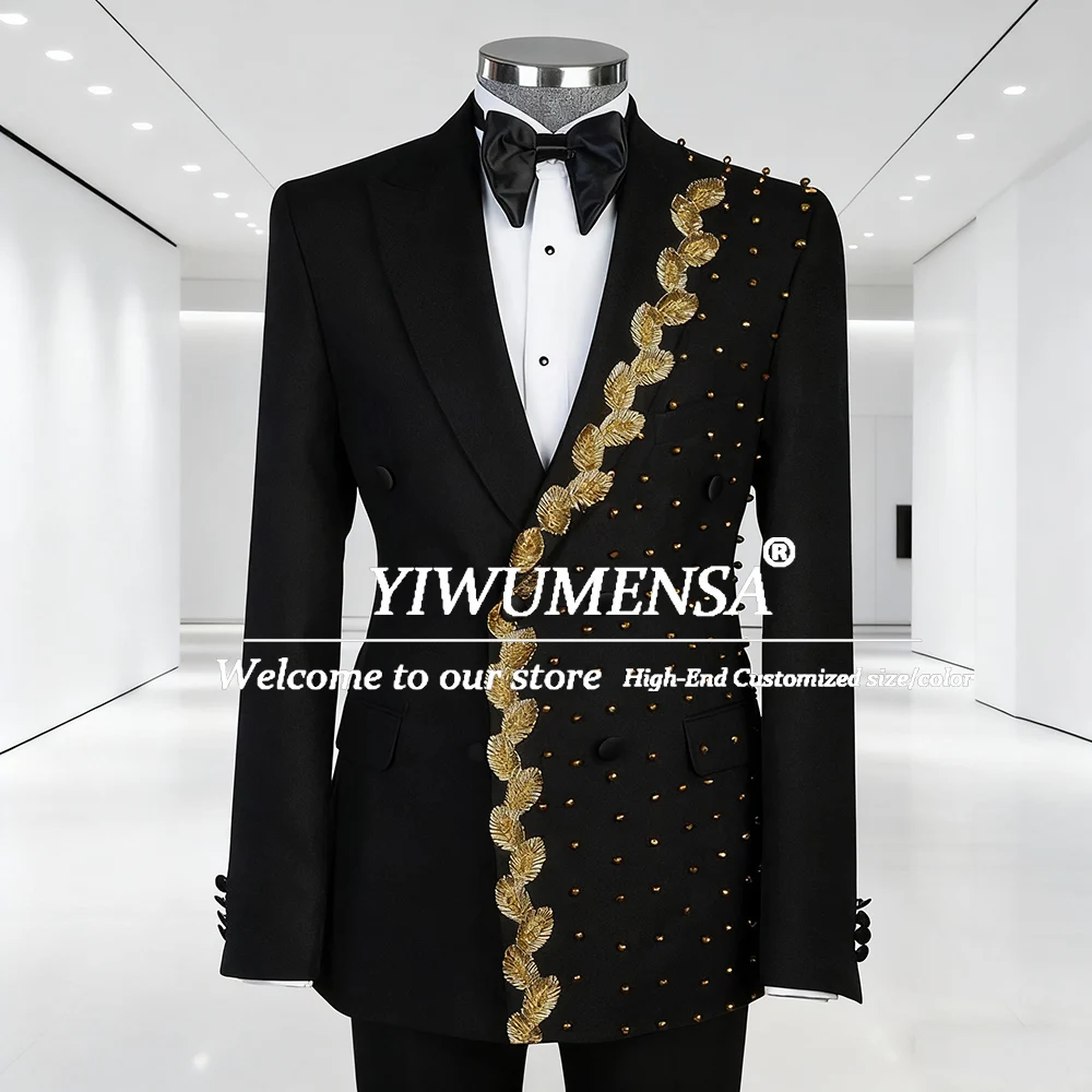 

Свадебные костюмы с золотым жемчугом и аппликацией из бисера для мужчин, двубортный пиджак больших размеров, брюки, 2 предмета, смокинги для жениха по индивидуальному заказу 2026