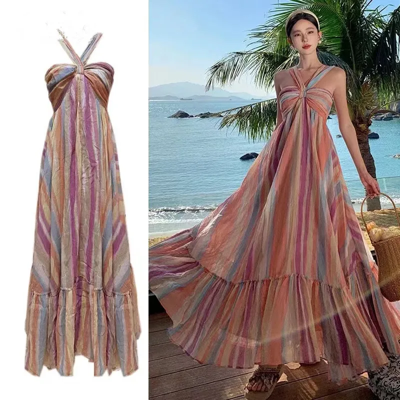 

Runway Fashion Multicolour Striped Print Halter Holiday Beach Long Dress Boho Summer Women Off Shoulder Loose Waist Maxi Clothes