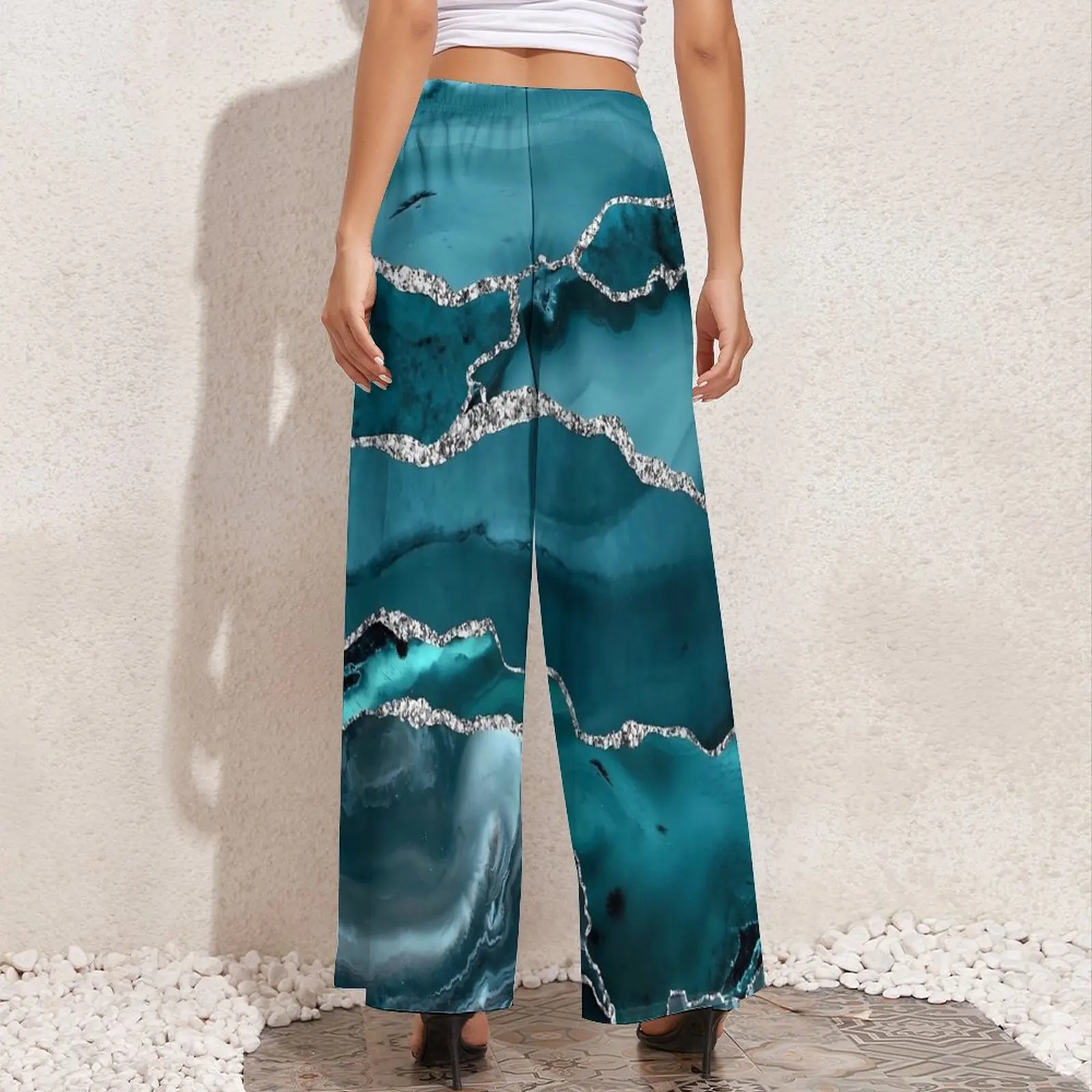 Turquoise Faux Marble Textures Straight Pants  Casual Wide Pants Women Big Size Aesthetic Custom Trousers