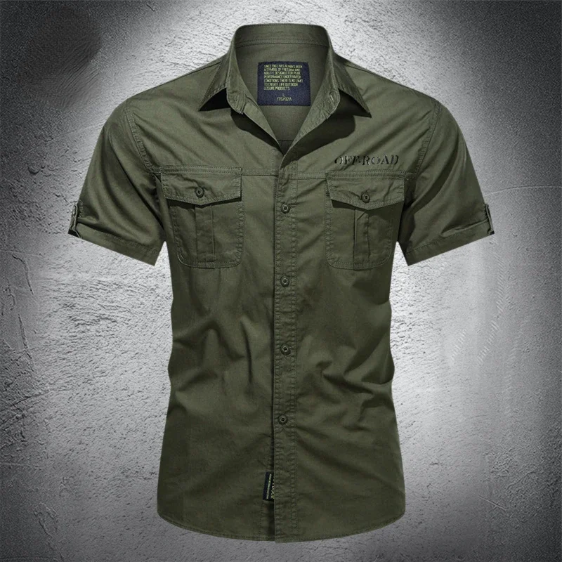 New Mens Military Shirt Short Sleeve Cargo Shirts Cotton Casual Solid Shirt Man Pocket Work Shirt Green Khaki Hiking Fishing 5XL