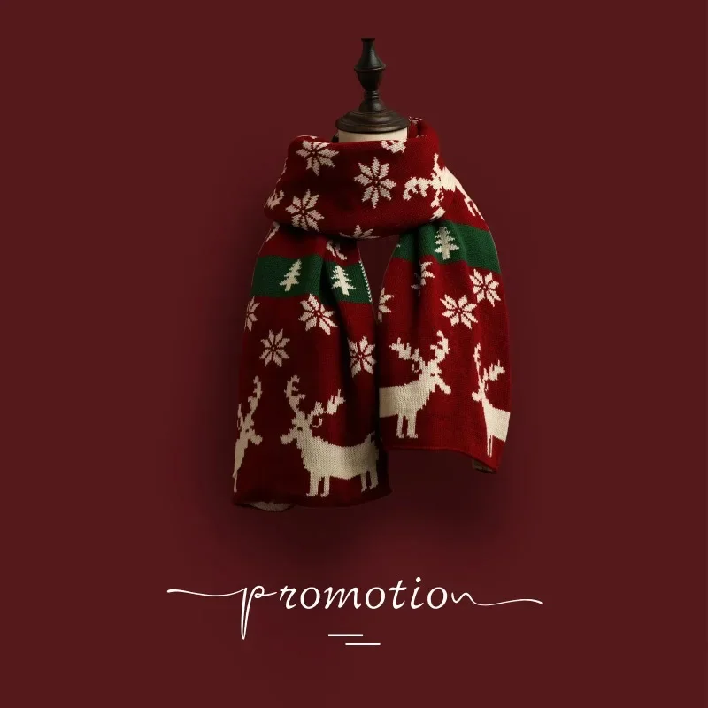 new fashion Christmas Knitted Wool Red Scarf Deer Elk Scarfs Printed Snowflake Warm Personality Couple Shawl