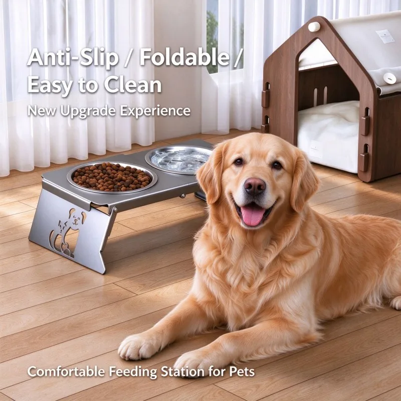 Collapsible Elevated Pet Feeding Station (with Removable Metal Bowls) — Ergonomically designed raised food and water bowl stand for cats and dogs; non-slip and tip-resistant; suitable for small to medium-sized pets. view 5