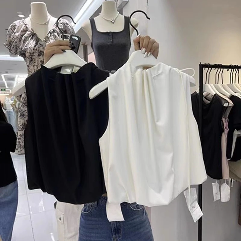 

Women Shirts&blouses Solid Sleeveless Korean Fashion Sweet Blusas Mujer Elegant Loose Chic Simple Short Camisas