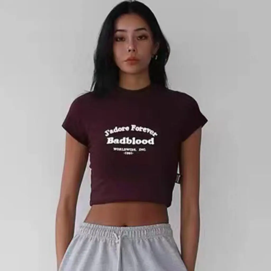 

Women's Summer Short Crop Top round Neck T-Shirt Slim Fit Exposed Navel Letter Embroidery Korean Trendy Brand Short-Sleeved