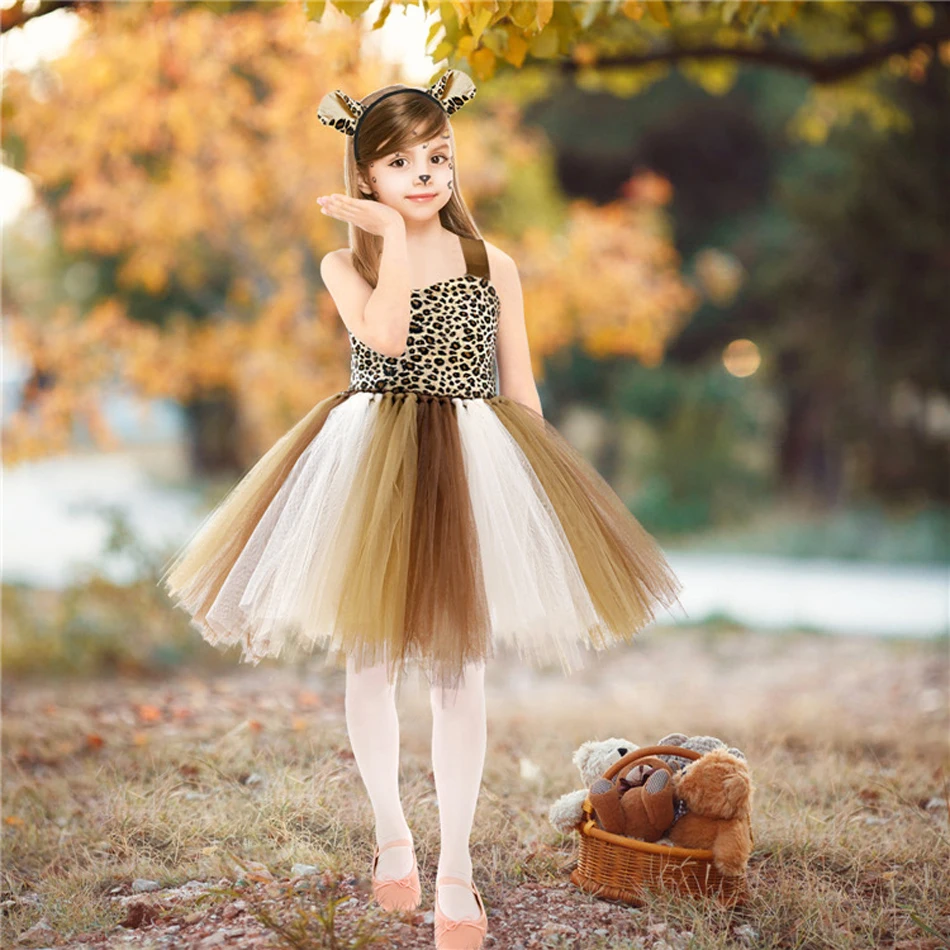 Kids Cartoon TUTU Leopard Dress Halloween Cat Zebra Giraffe Animal Cosplay Costume Birthday Party Christmas Girls Outfit