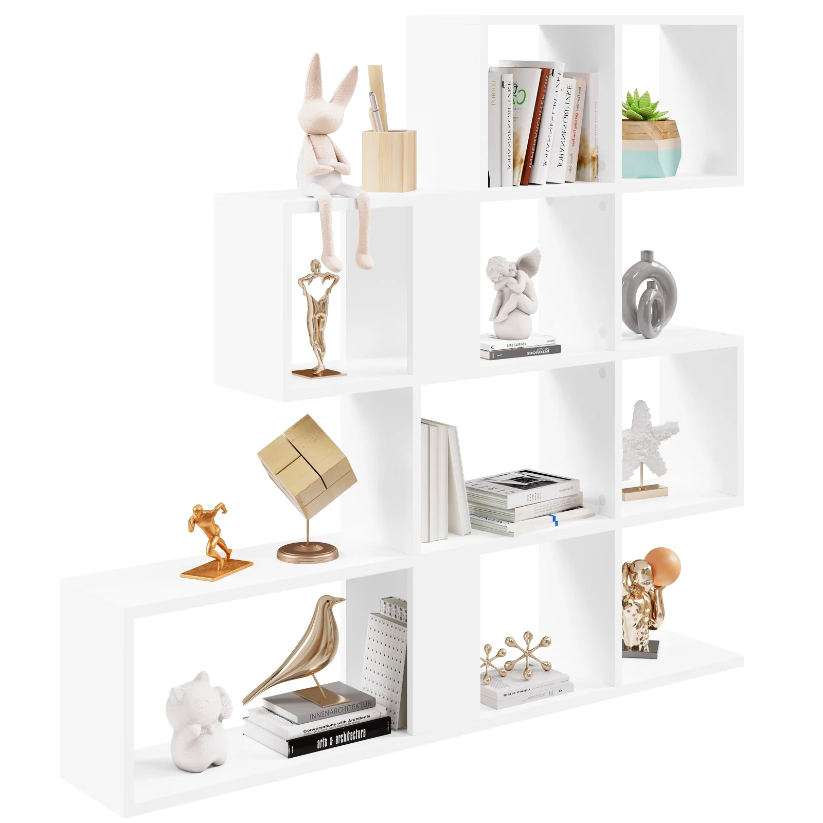 115x109,5x19,5cm Bücherregal 4 Ebenen Raumteiler Regal Freistehendes Treppenstufenregal für Wohnzimmer Schlafzimmer Büro Aufbewahrung