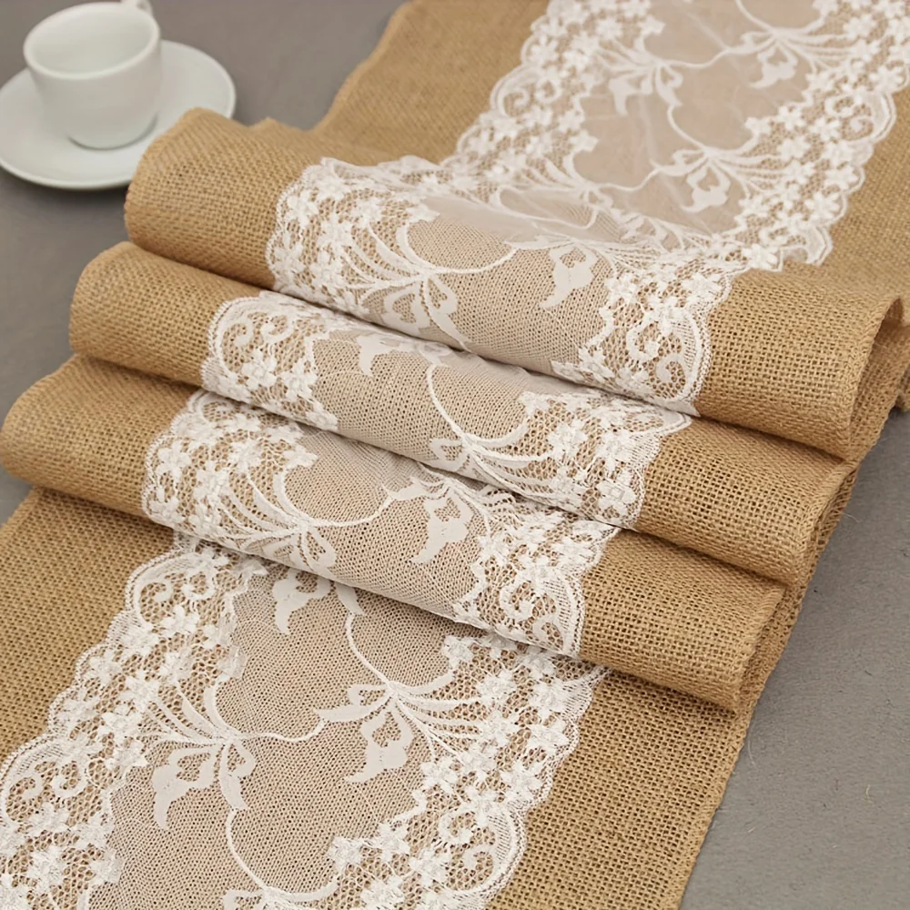 

Linen Table Runner - Elegant Vintage Lace Natural Style Rectangle Table Cover - 100% Linen Woven Fabric for Outdoor Wedding Deco