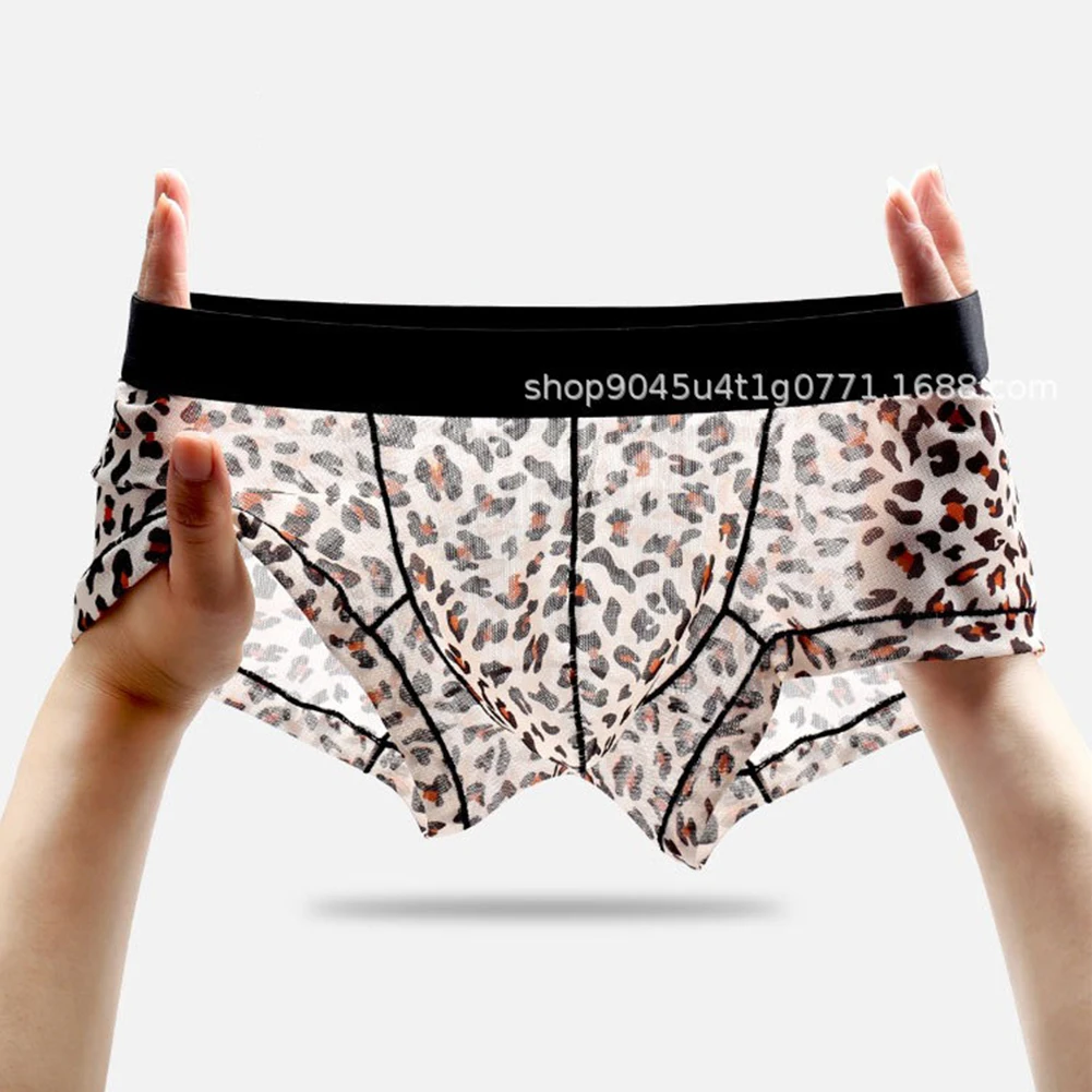 Men Leopard Boxer Brief Underwear Low Waist Pouch Panties Mesh Shorts Breathable Underpant High Stretch