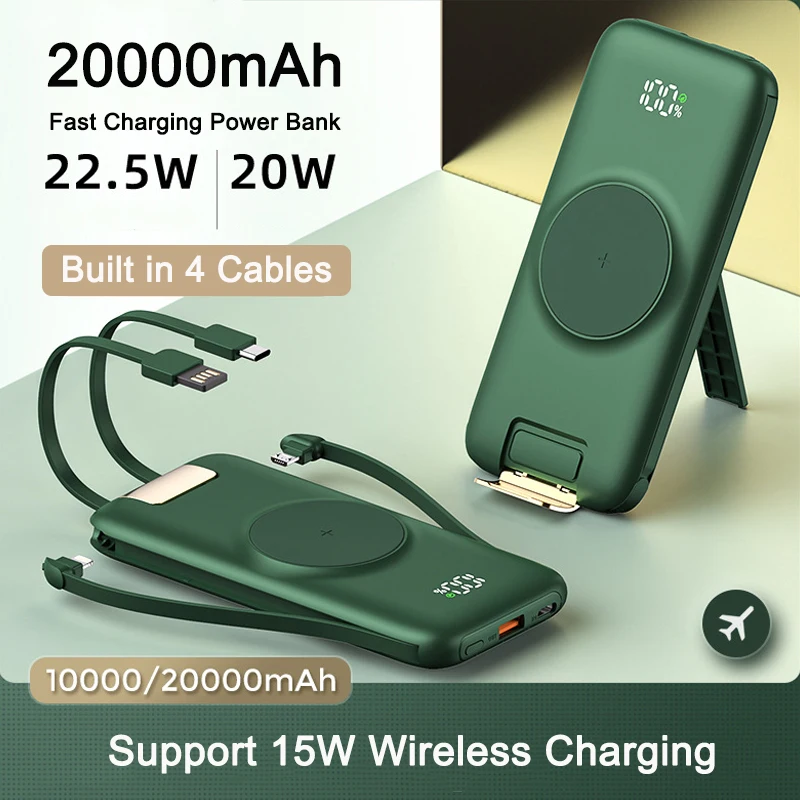 

Power Bank 20000mAh 15W Wireless Charging 22.5W PD20W Fast Charging Built in Cables Powerbank for iPhone Samsung Xiaomi 9 Huawei