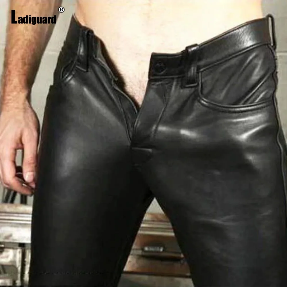 

2025 Rock Style PU Leather Pants Men's Sexy Night Club Dance Pants Men Fashion Zipper Faux Leather Slim Motorcycle Trousers New