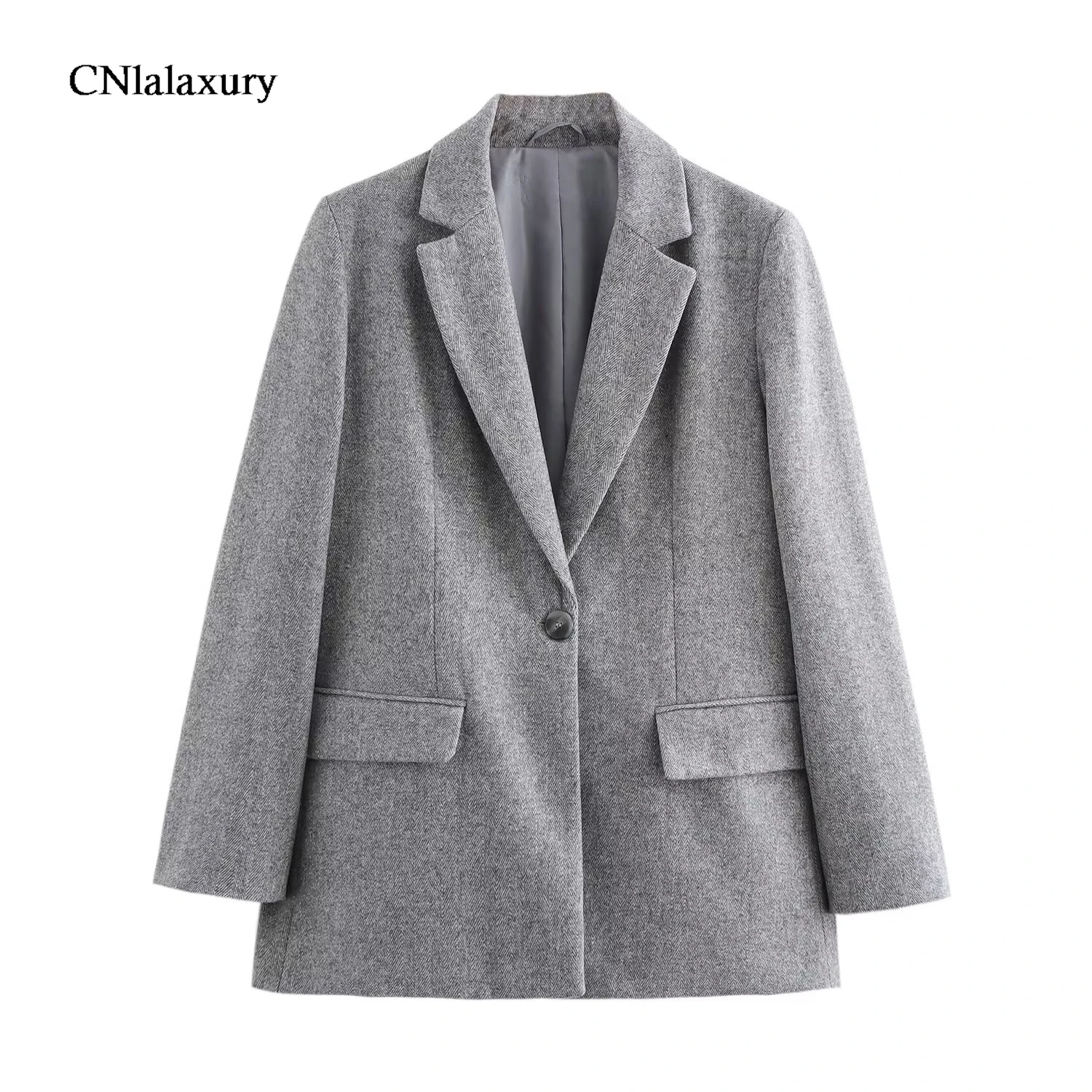 CNlalaxury Grey Blazers for Women Jackets Long Sleeve Single Button French Office Lady Outerwears New Autumn Winter Fashion Coa