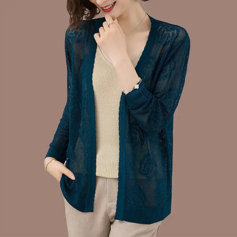 Summer Women Hollow Out Knit Cardigans Jackets Elegant Lightweight Casual Sunscreen Thin Outwear Basic Jacquard Knitwear Tops