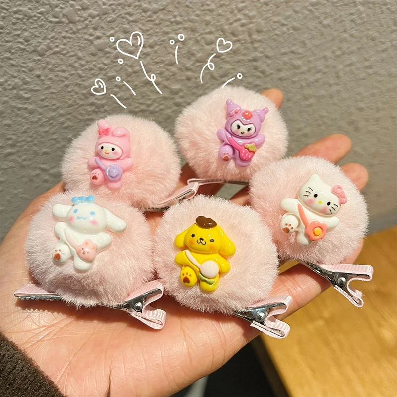 Sanrio-Pinza para el pelo con forma de bola de felpa, 2 piezas, pinza de pico de pato, estilo coreano, flequillo roto, accesorios para el cabello