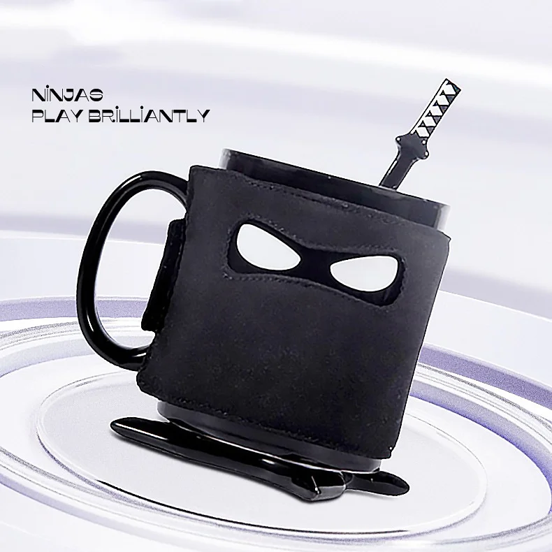 Ninja Ceramic Mug Creative Funny Coffe Cup with Lid Spoon Set Porcelain Kitchen Utensils Drinkware Mug Kawaii Water Cup