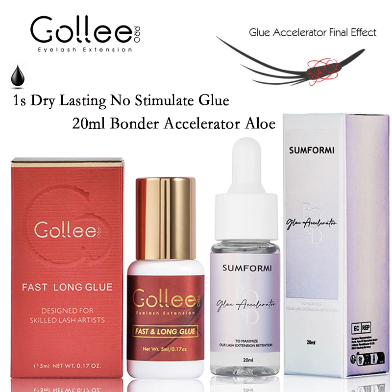 Gollee Fast&Long Glue Lash Extension 1S Dry No Stimulating 6-8 Weeks Lasting Aloe 20ml Accelerator Bonder Glue Grafting Lash Set