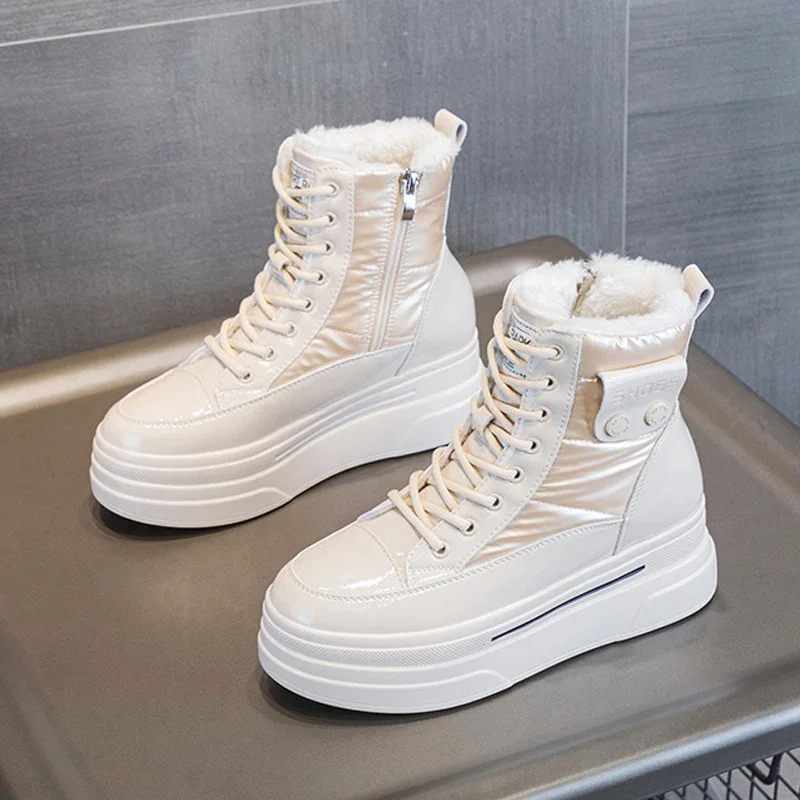 

Genuine Leather Winter Shoes Women Snow Boots Waterproof Warm Cotton Shoes Flat Ladies Ankle Boots Height Increasing 9cm DX653