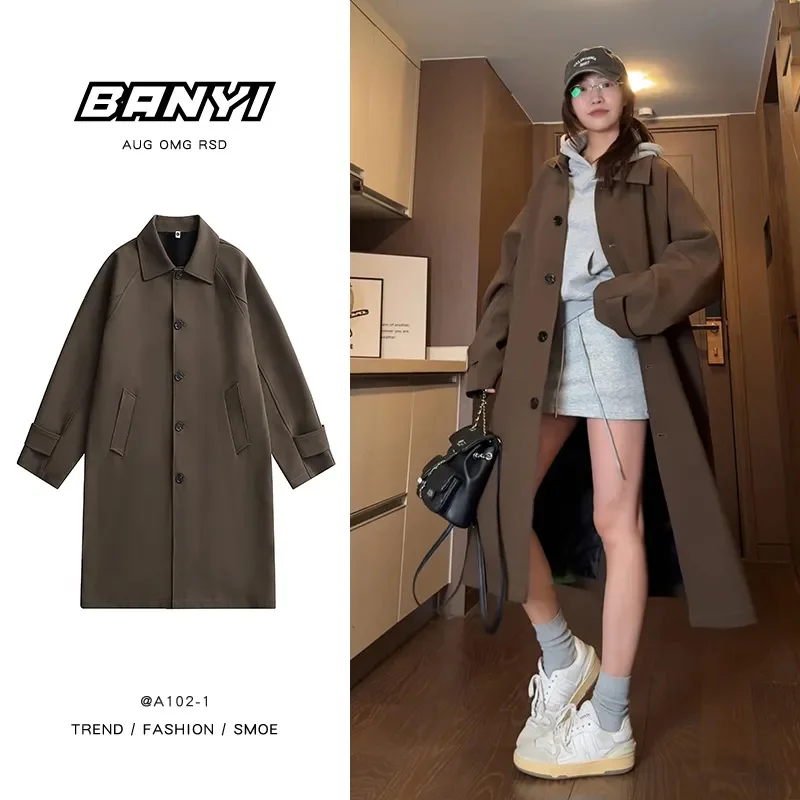 Coffee Colored Trench Coat Long Over the Knee Single Breasted Jacket Spring Autumn Korean Version Trendy Mid Long Couple Coat KR