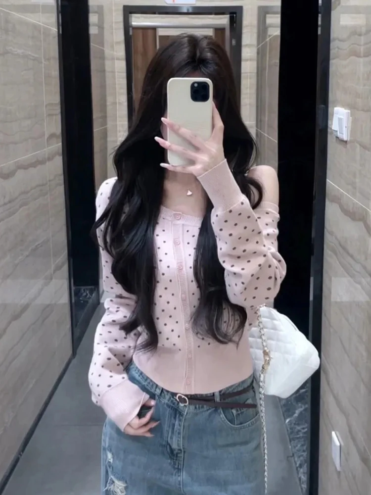 Japanese Polka Dots Knit Cardigan Women Off Shoulder Long Sleeve Sweet Sweater Autumn Slim Fit Slant Collar Y2K Streetwear Tops