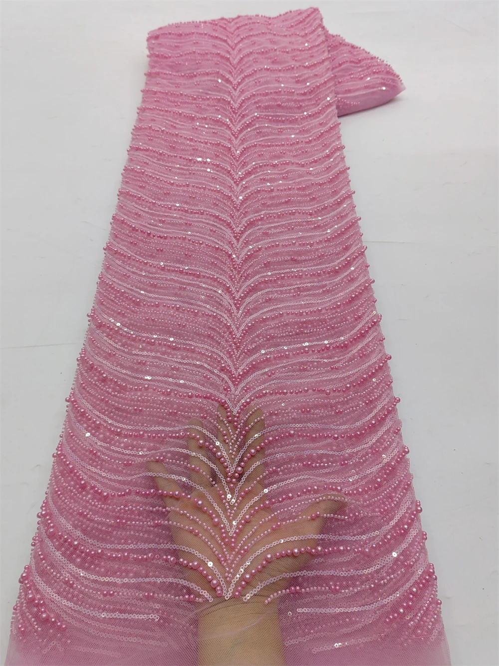 

Heavy Beaded Lace Fabric Sequence Tulle Mesh For Party Dress 5 Yards High Quality African Luxury Crystal Beads Sequin Net Sewing