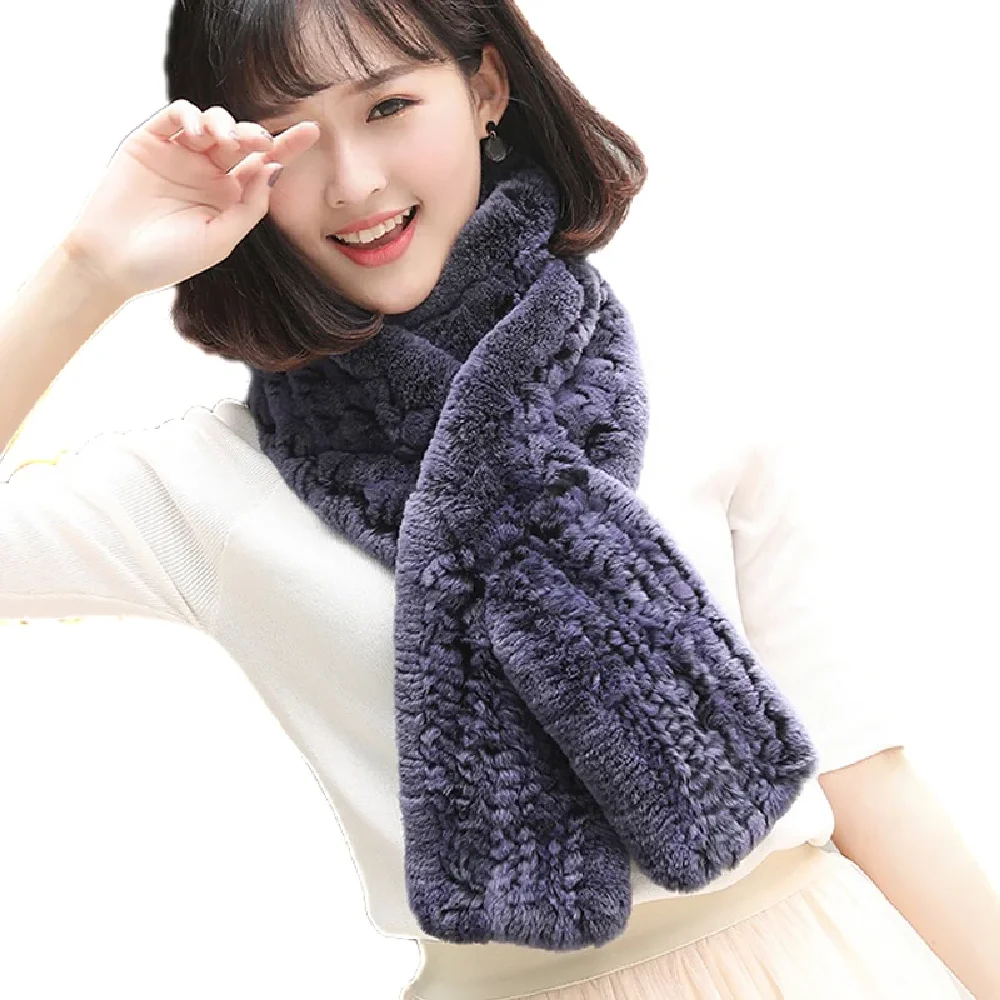 Real Rex Rabbit Fur Scarf For Women Winter Warm Neckerchief Handmade Fluffy Soft Hollow out woven 160*14cm