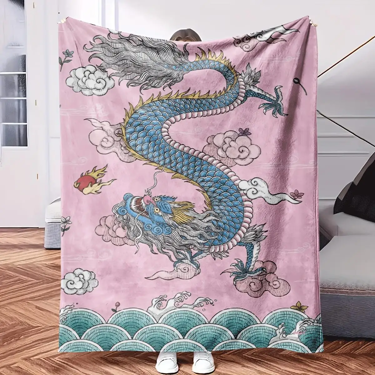 Blue and yellow color combination dragon Flannel printed blanket suitable for all seasons for living room office sofa and travel