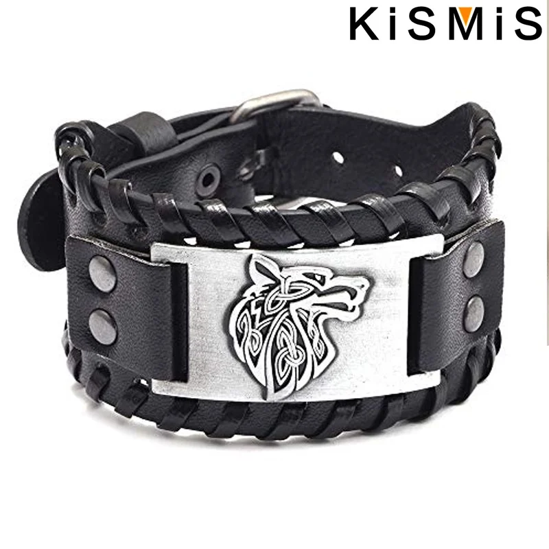 1PC Men's Fashion Stainless Steel Wolf Head Wide Leather Bracelet Jewelry Stonego Accessories Viking Bracelet