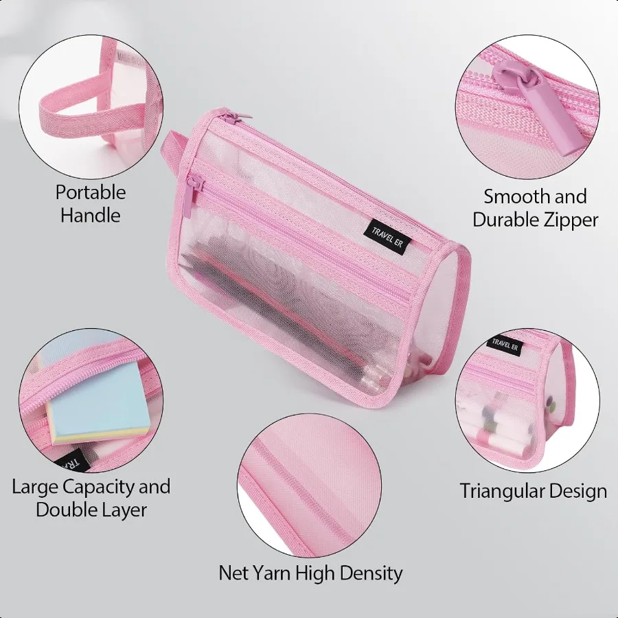 2Pack Grid Mesh Pencil Case with Handle and Zipper Double Layer Clear Pencil Pouch Travel Makeup Bag and Small Toiletry Bag for