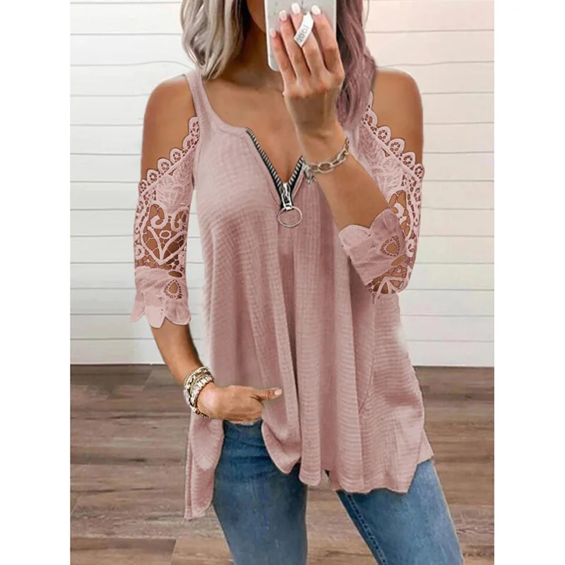 2023 Summer New Lace Petal Half Sleeve Zipper Ladies T-Shirt for women Oversize Off Shoulder V-Neck Loose Casual Top Tee Tunic