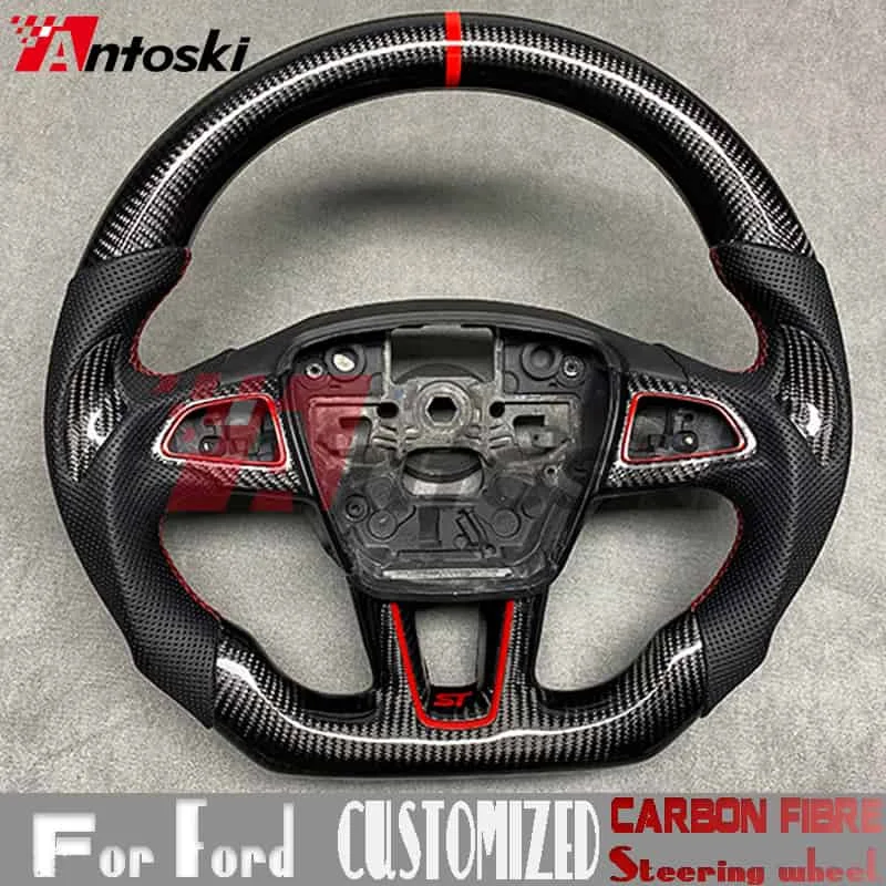 Ford Focus MK3 MK4 ST RS Customized Forged Carbon Fiber Steering Wheel Car Interior Perforated Leather Red Sport Style