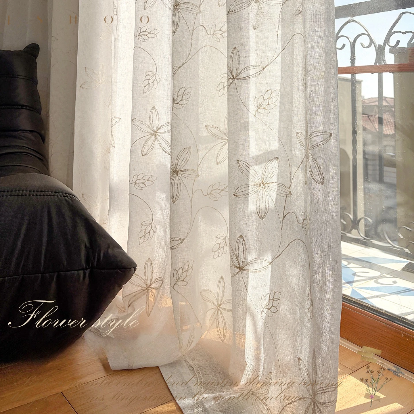 American Country Cotton Linen Begonia Flower Sheer Curtains for Living Dining Room Bedroom White Tulle Window Decor Elegant Door