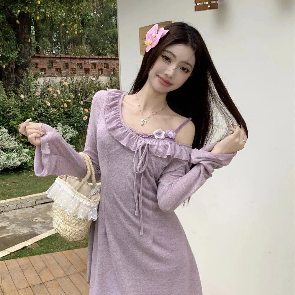 Traje Sexy puro para mujer, Top de manga larga púrpura claro, correa de encaje, vestido cruzado en la cadera, conjunto de dos piezas, dulce y caliente, primavera y verano