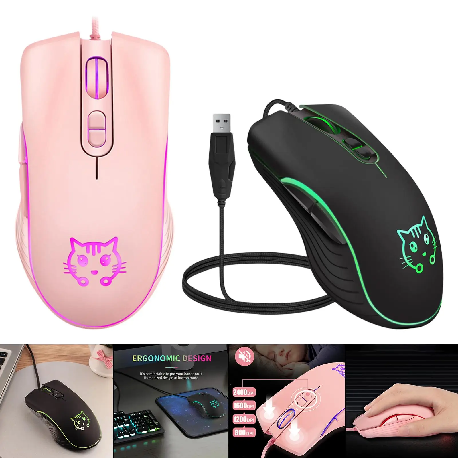 Cute Wired USB Gaming Mouse Breathing Lights 6 Button RGB Anti-Slip Ergonomic