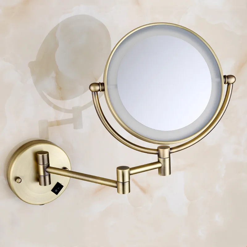 Brushed Gold LED Makeup Mirror with Brass Folding Bathroom Mirrors of 8 Inch 3X 5X Maynifying Makeup Mirror Dual Face LED Mirror