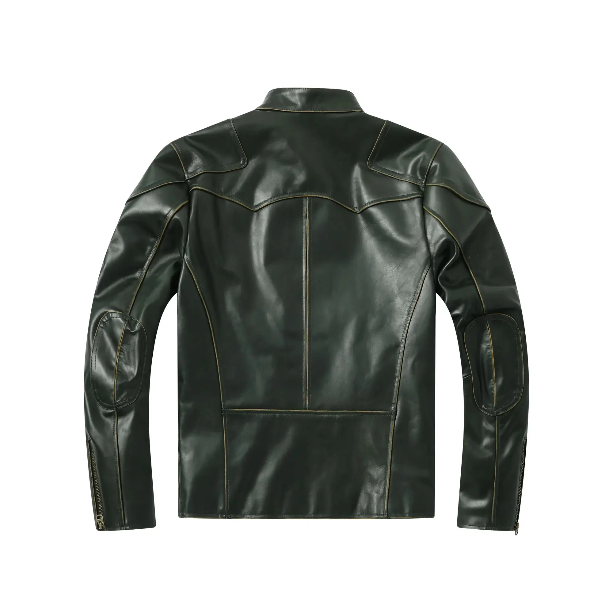 2024 New Waxed Leather Cropped Jacket Men's Stand Collar Natural Dark Green Retro Slim Motorcycle Classic