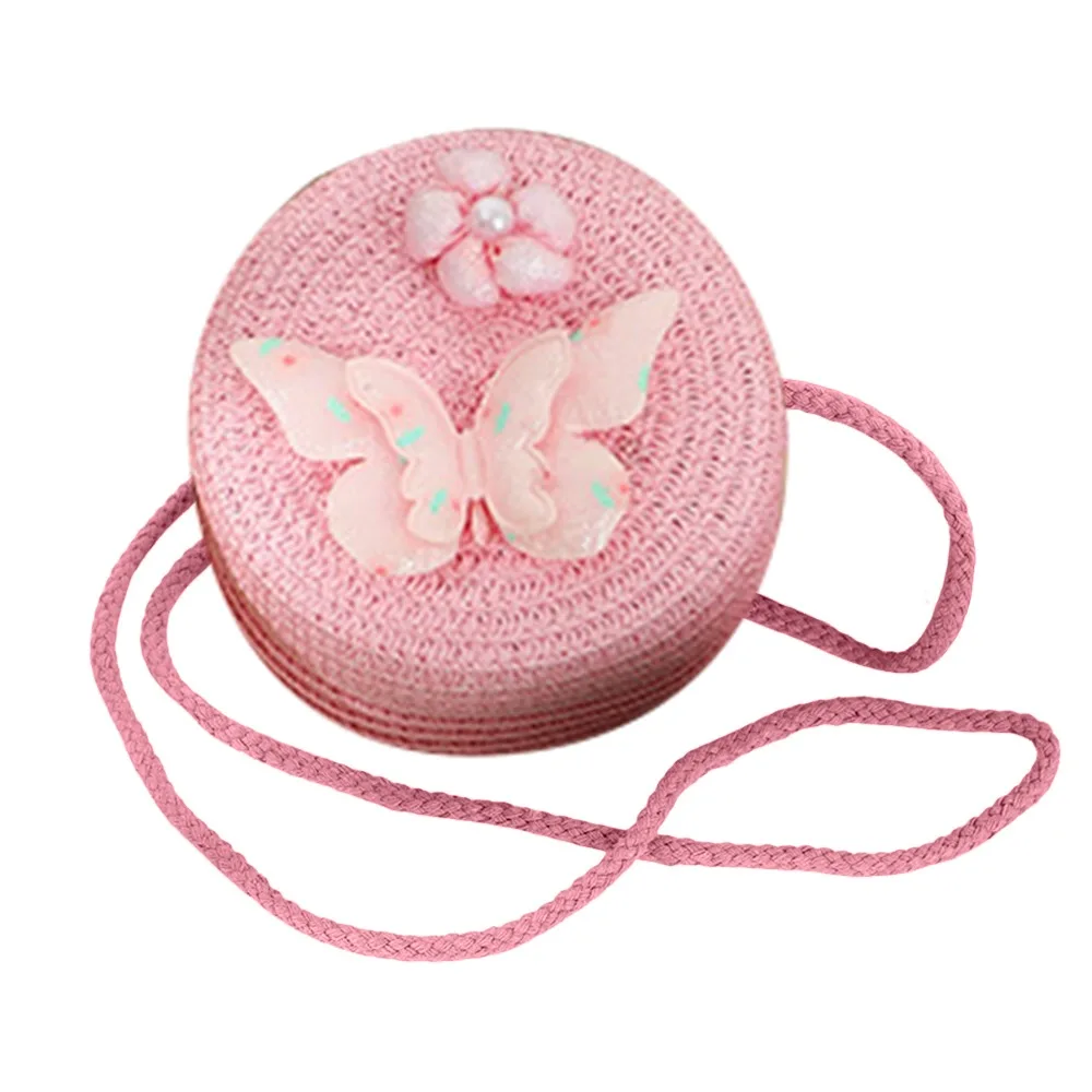 

Cute Handmade Straw Bag Round Shape Woven Crossbody Bag Butterfly Flower Summer Beach Bag for Children Girls