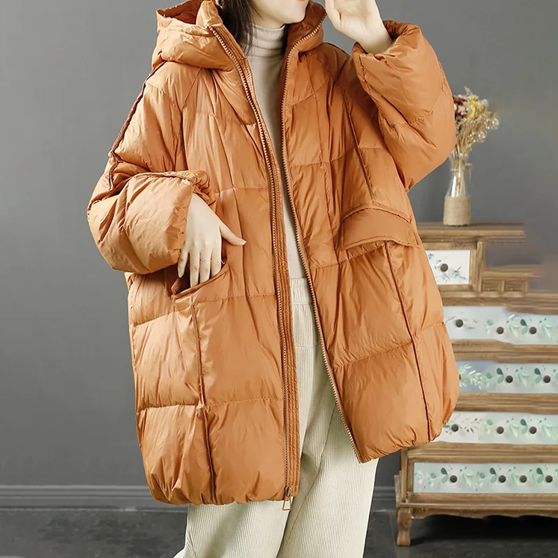 Damska kurtka puchowa na jesień i zimę, ciepła, luźna, oversize, z białego puchu kaczego, płaszcz o średniej długości z kapturem, kurtka puchowa, modna.