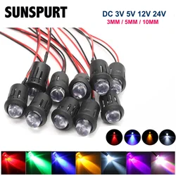 20-100 pz 3mm/5mm/10mm rosso/verde/blu/RGB bianco UV DC12V 5V 24V rotondo Pre-cablato LED trasparente con supporto in plastica