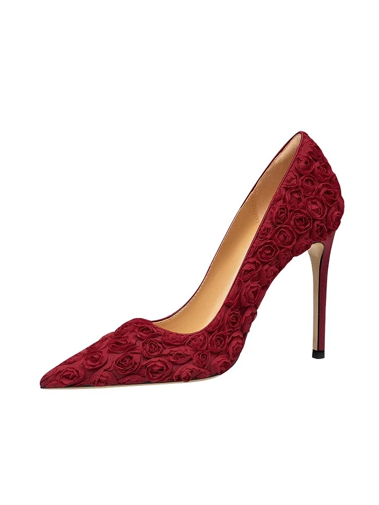Flat stiletto heels spring new pointed shallow lace rose banquet dress waterproof platform large size small size women's shoes