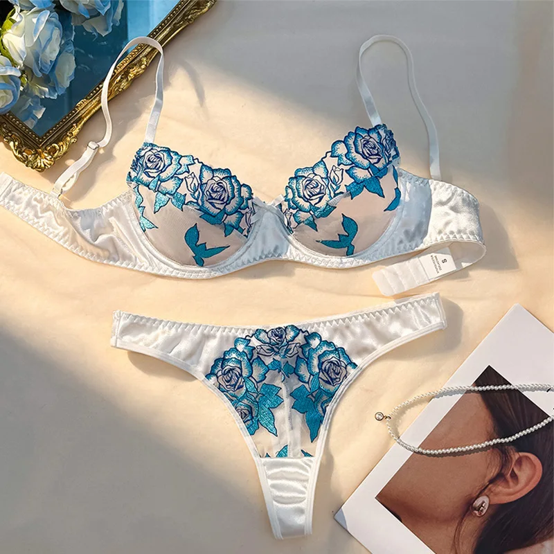

Female Bra Set Blue Floral Sexy Lingerie Soft Milk Silk Lingerie Set Intimate Erotic Lingerie Pure Desire Transparent Lingerie