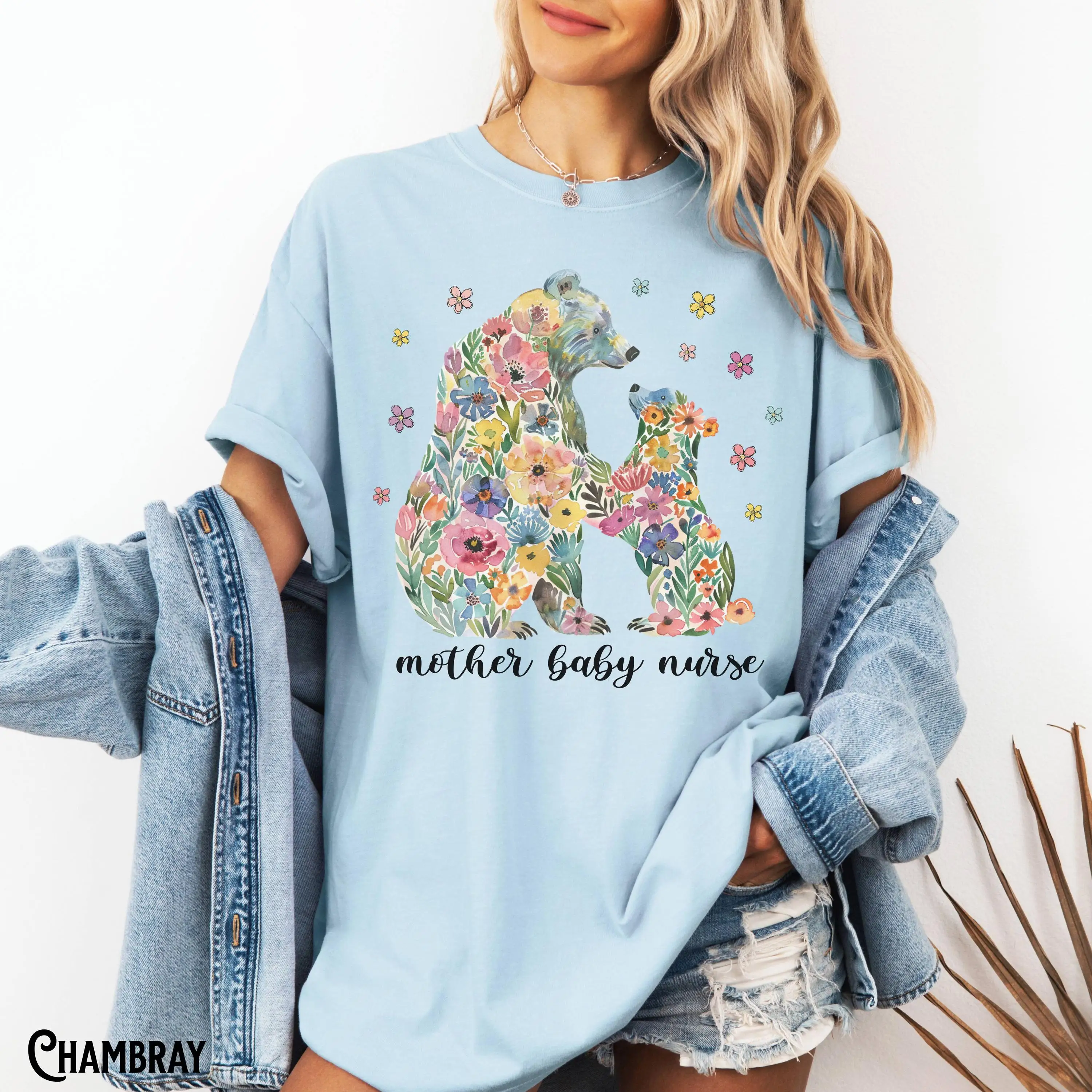 Mother Baby Nurse Shirt, MBU Tee,  Mother-Baby RN, Mama and Baby Flower Bears, Floral T-Shirt, OB, Labor Delivery, Gift