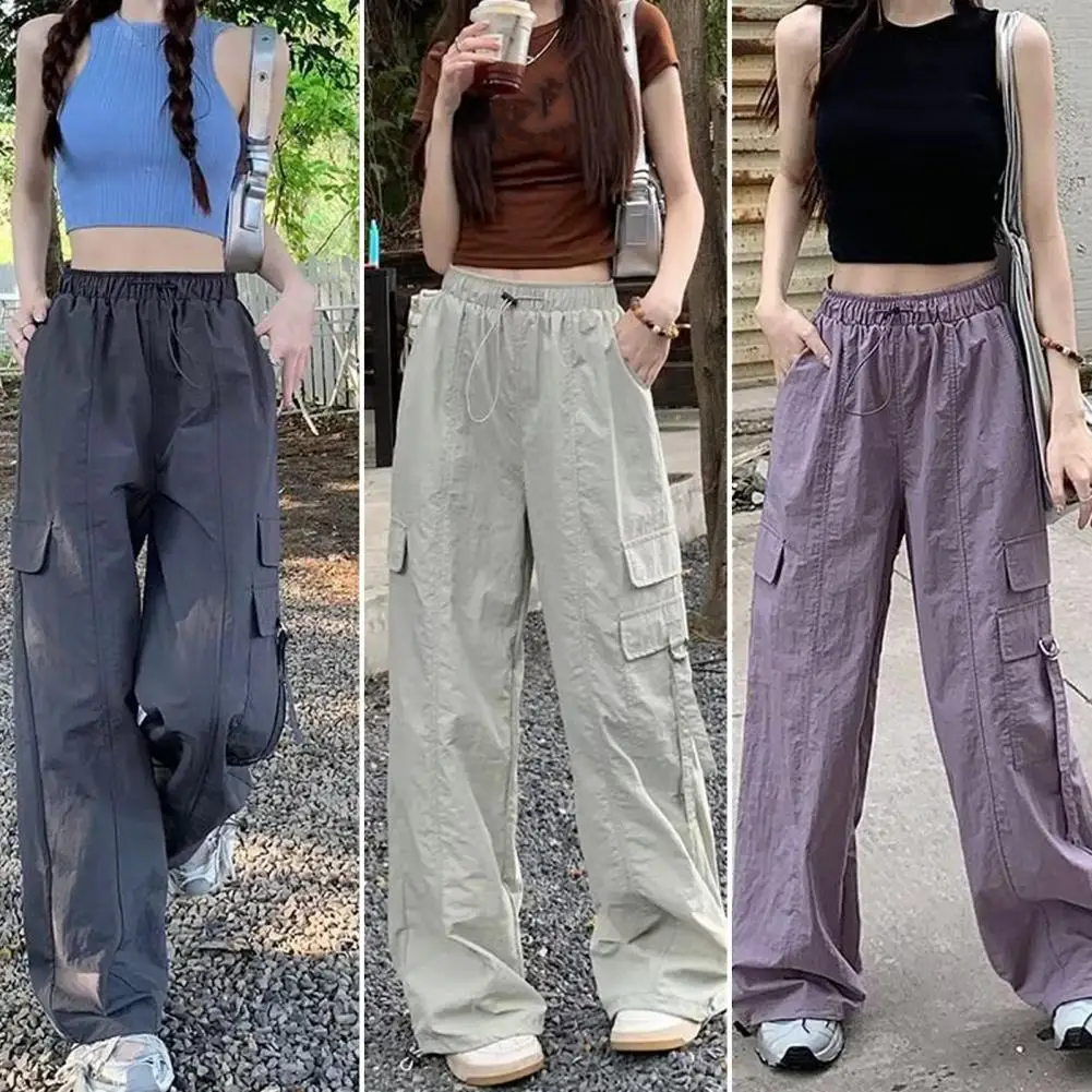 

Cargo Pants with Reinforced Pocket Seams High Waist Women's Cargo Pants with Adjustable Drawstring Wide Leg Design for Sports