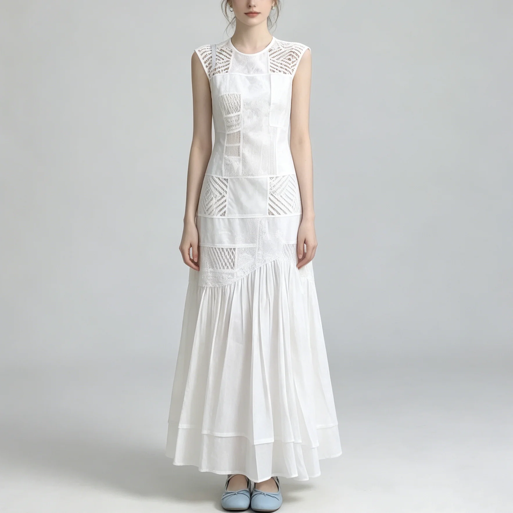 

CiCi 2026 Patchwork Lace Sleeveless Maxi Dress Women Round Neck Elegant Spring Summer Casual Bohemian Tiered Flowy