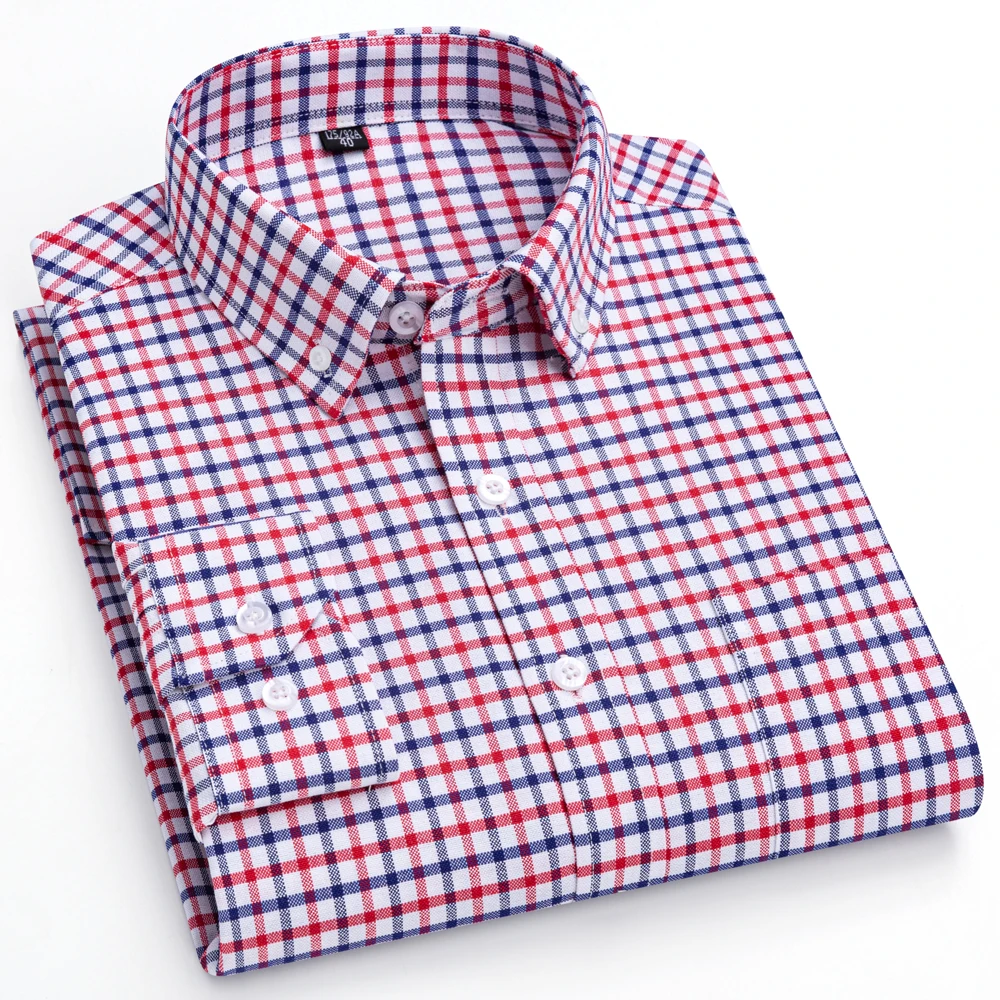 Camisa de algodón Oxford con bolsillo de manga larga y ajuste Regular a cuadros para hombre, camisas a cuadros informales cómodas y versátiles con